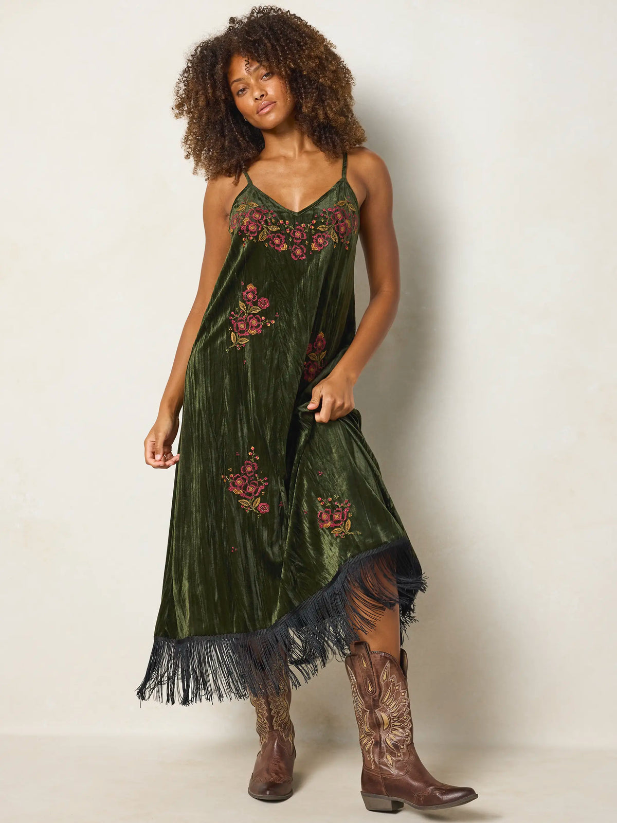 Gracie Embroidered Velvet Slip Maxi Dress - Olive Stitched Garden