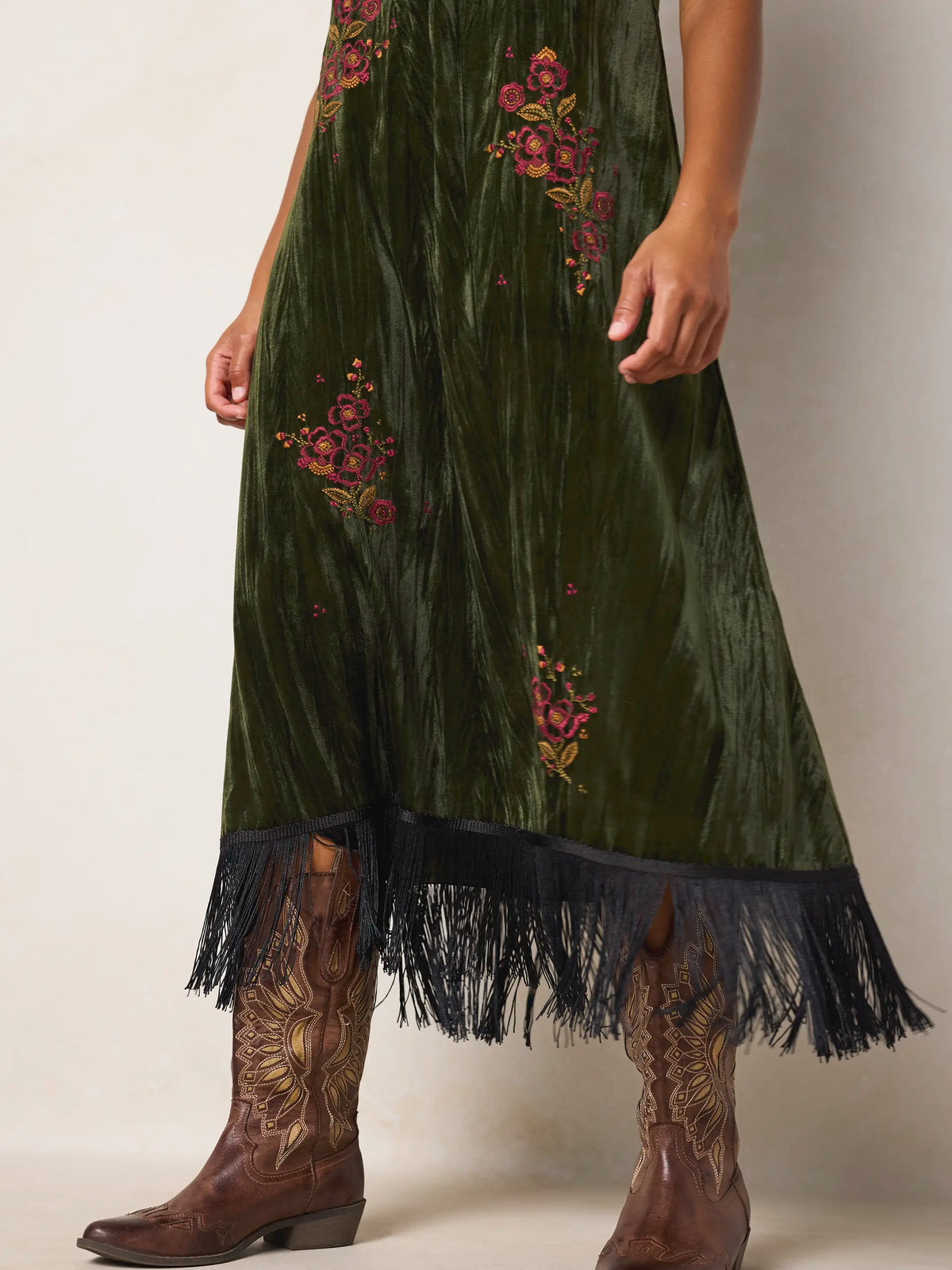 Gracie Embroidered Velvet Slip Maxi Dress - Olive Stitched Garden