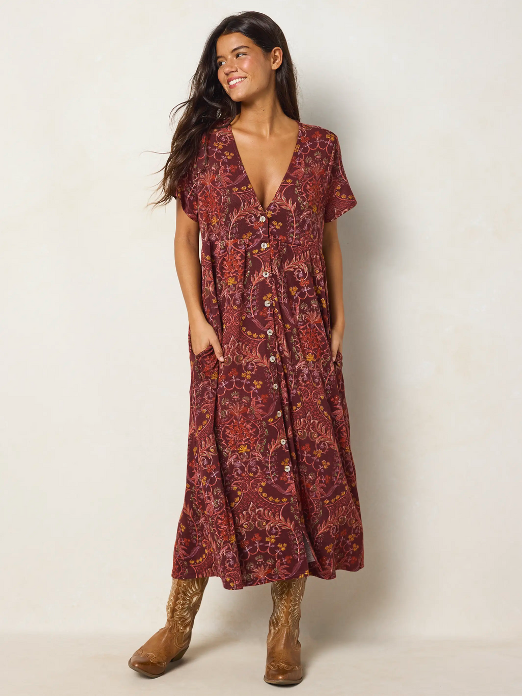 Avery Sweater Knit Midi Dress - Meadow Whimsy Mahogany