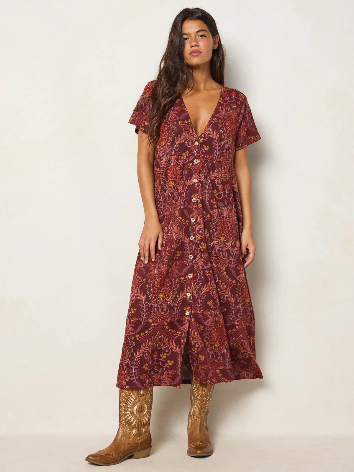 Avery Sweater Knit Midi Dress - Meadow Whimsy Mahogany