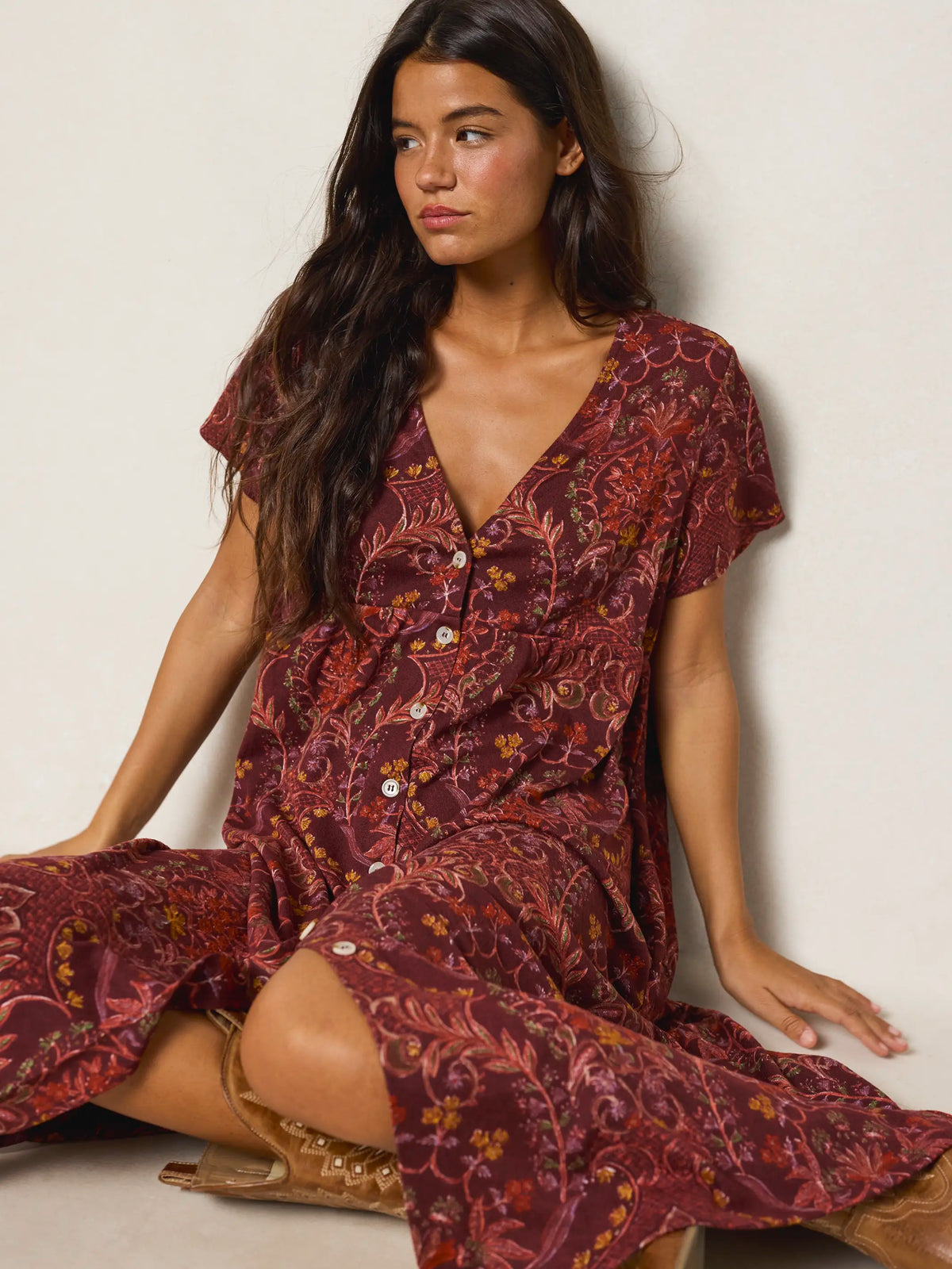 Avery Sweater Knit Midi Dress - Meadow Whimsy Mahogany