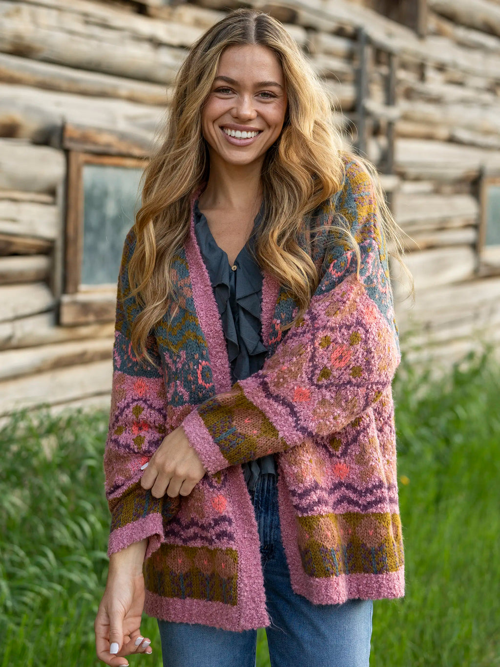 Calla Jacquard Cardigan Sweater - Alpine Meadow Mauve