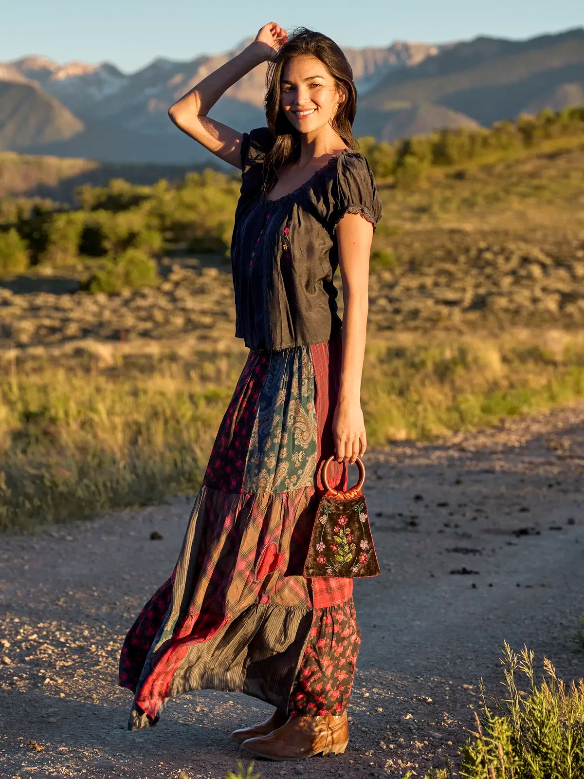 Chey Embellished Maxi Skirt - Aspen Patchwork Burgundy