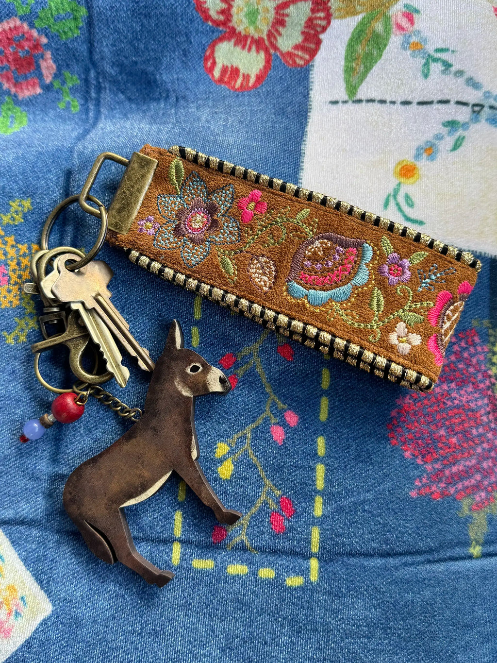 Embroidered Key Chain - Brown Suede