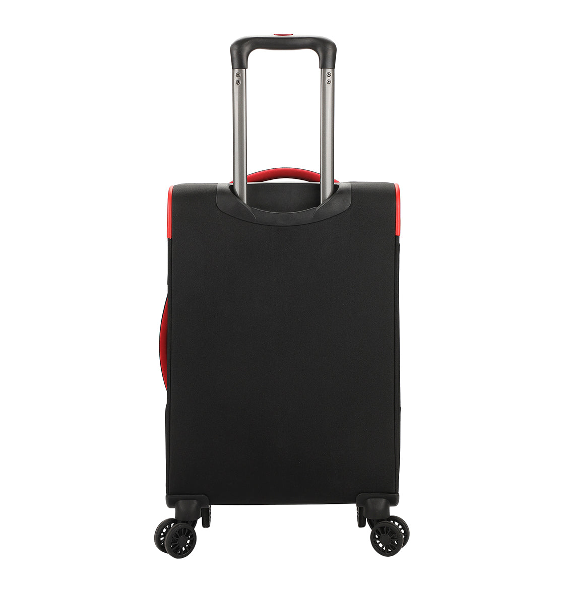 The DC Shoes DC Runner Carry-On is a black suitcase with a red handle and trim, shown upright with its telescopic handle extended and facing away, isolated on a white background.