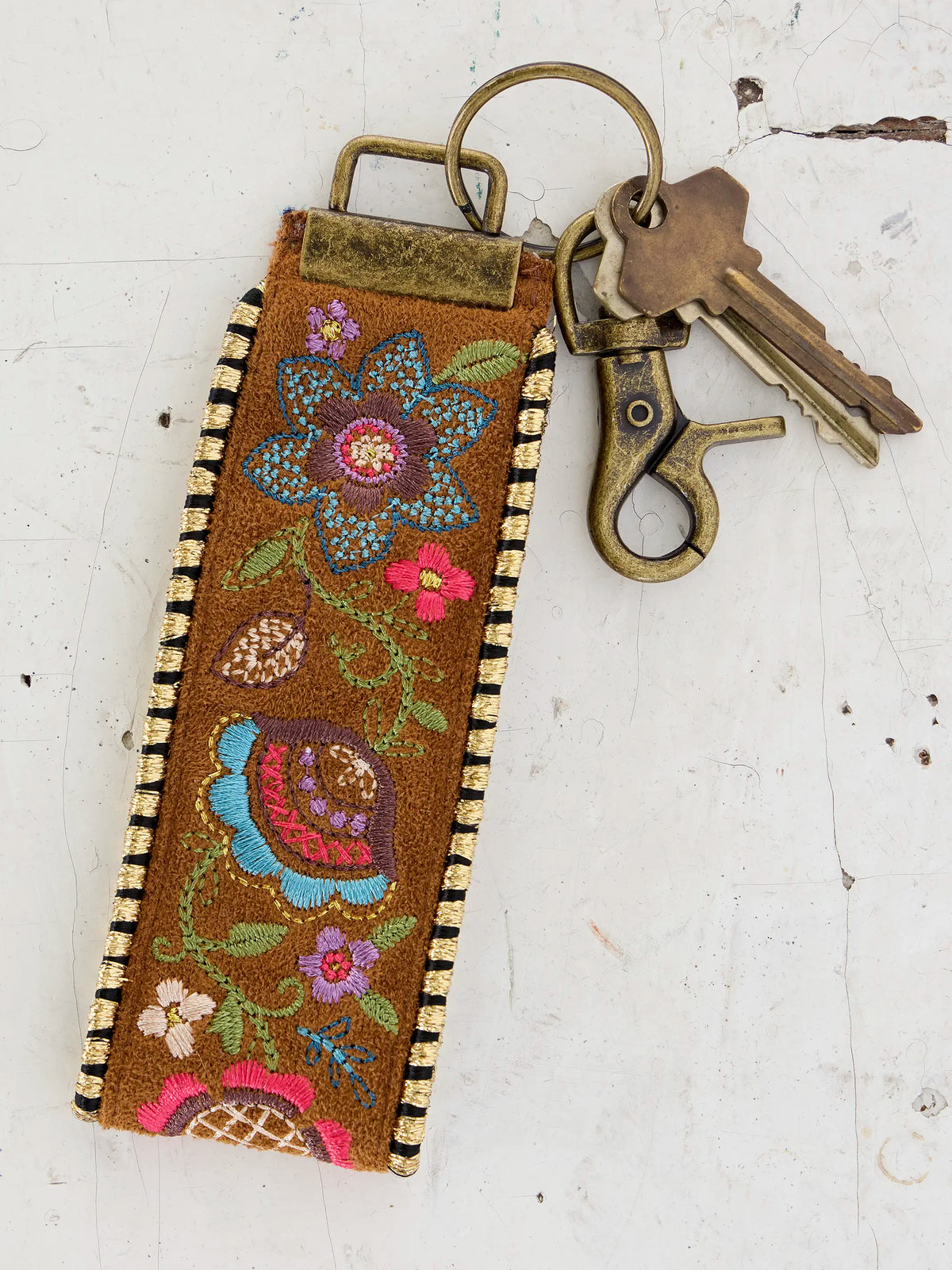 Embroidered Key Chain - Brown Suede