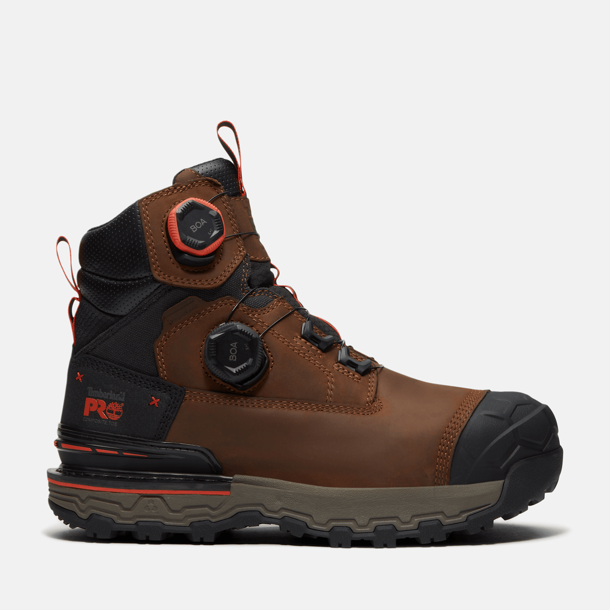 Mens Timberland PRO Boondock Ultralight 6 CompositeToe Work Boot with BOA Fit System TBL Brown FullGrainOrange HERO
