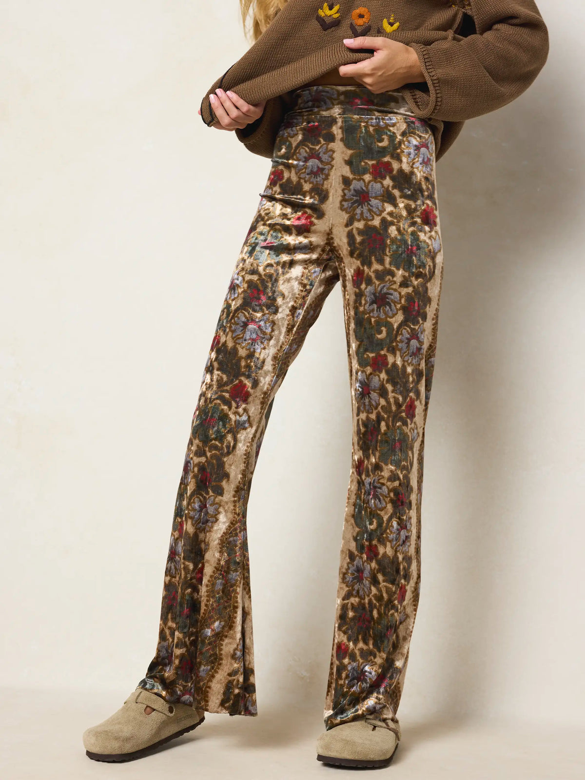 Cali Velvet Flare Pants - Brocade Tapestry Cream