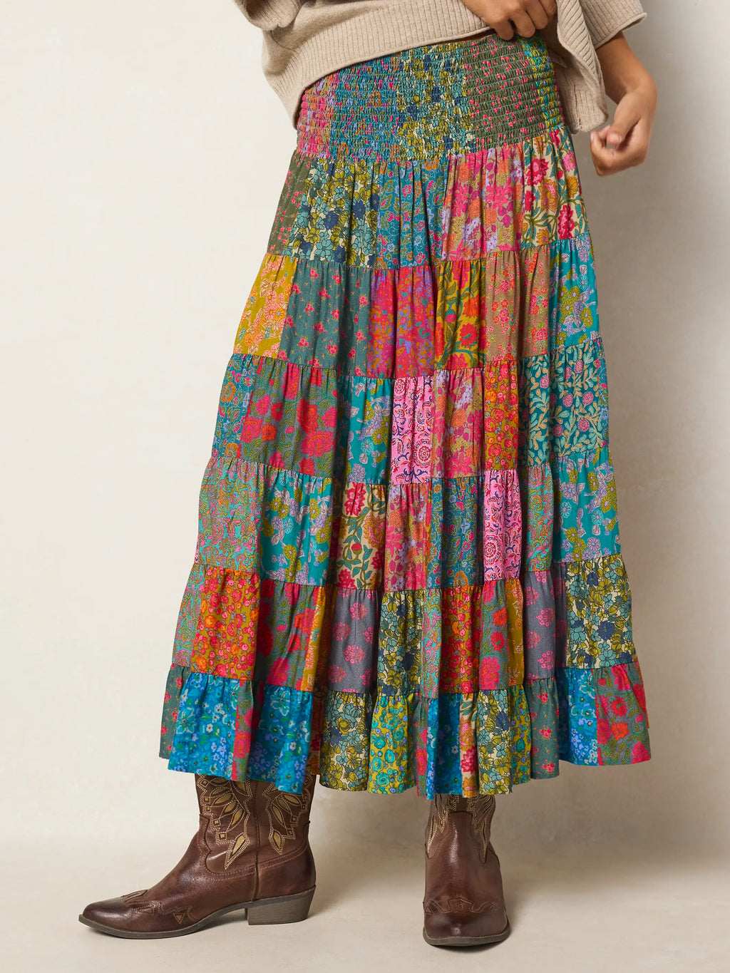 Opal Patchwork Midi Skirt - Bright Patchwork Zinnias