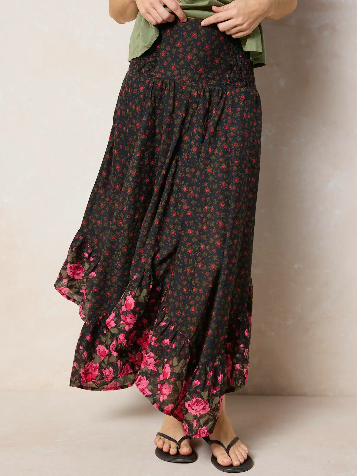 Feelin' Alive Convertible Cotton Midi Skirt - Black Fuchsia Floral