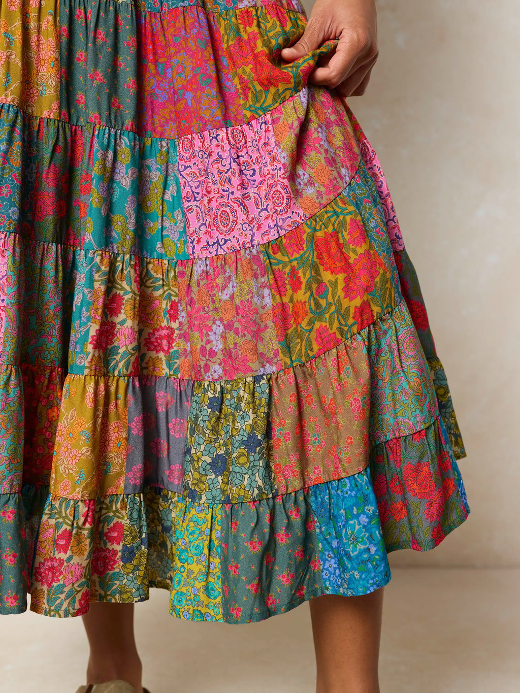 Opal Patchwork Midi Skirt - Bright Patchwork Zinnias