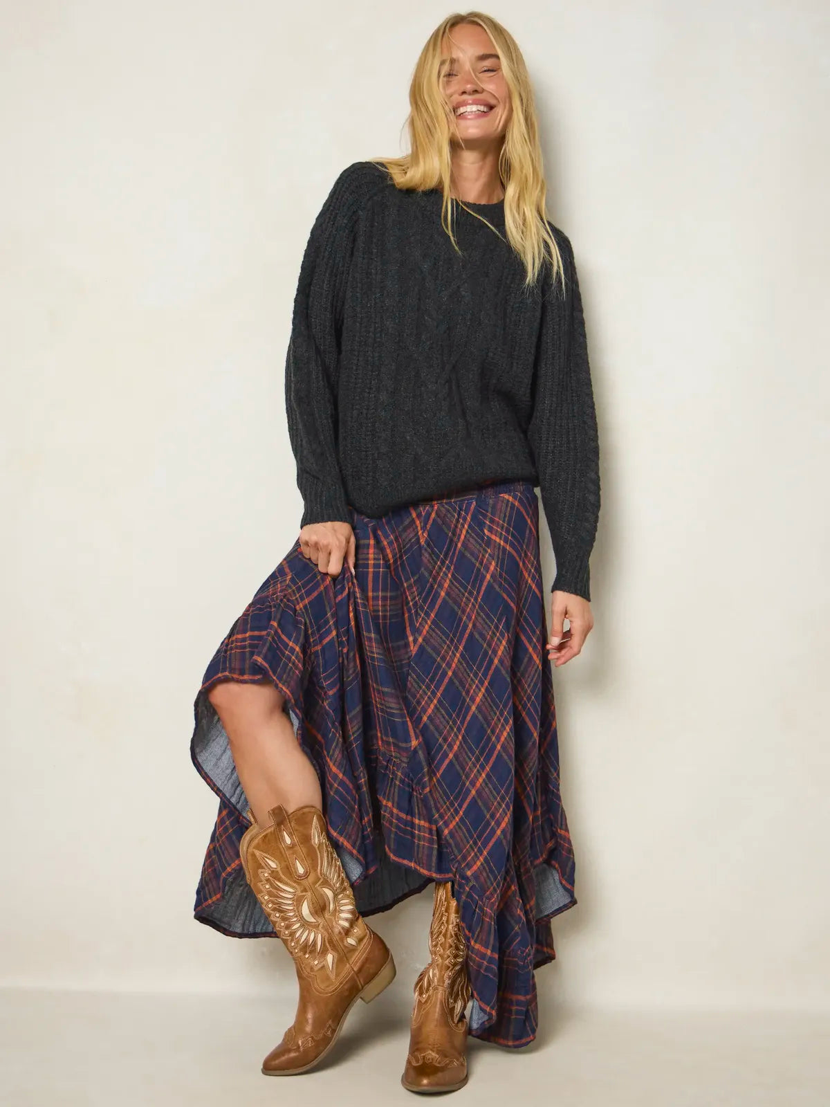 Feelin' Alive Convertible Cotton Midi Skirt - Navy Orange Plaid