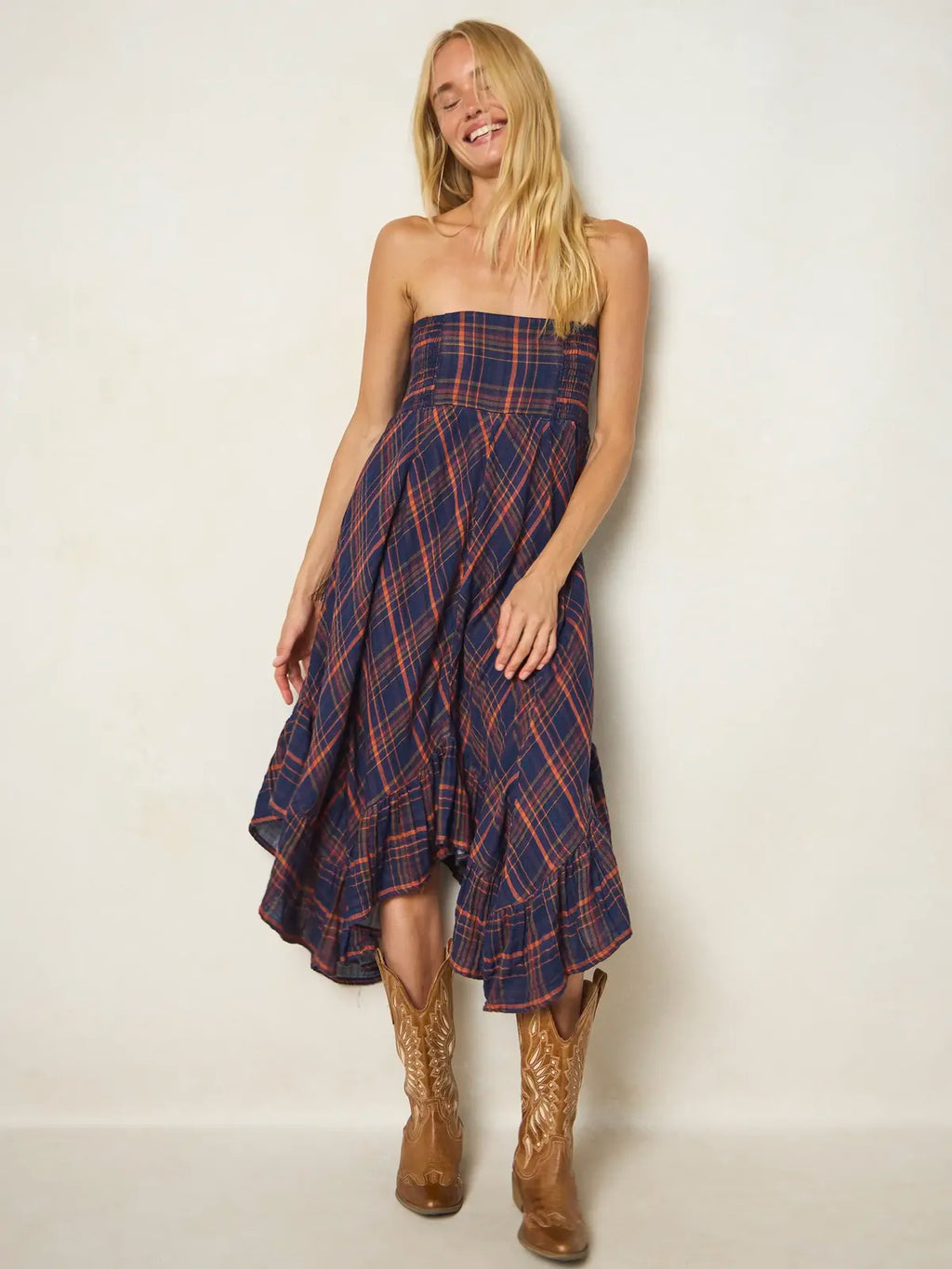Feelin' Alive Convertible Cotton Midi Skirt - Navy Orange Plaid