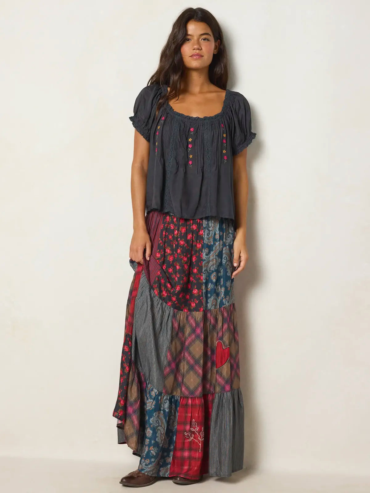 Chey Embellished Maxi Skirt - Aspen Patchwork Burgundy