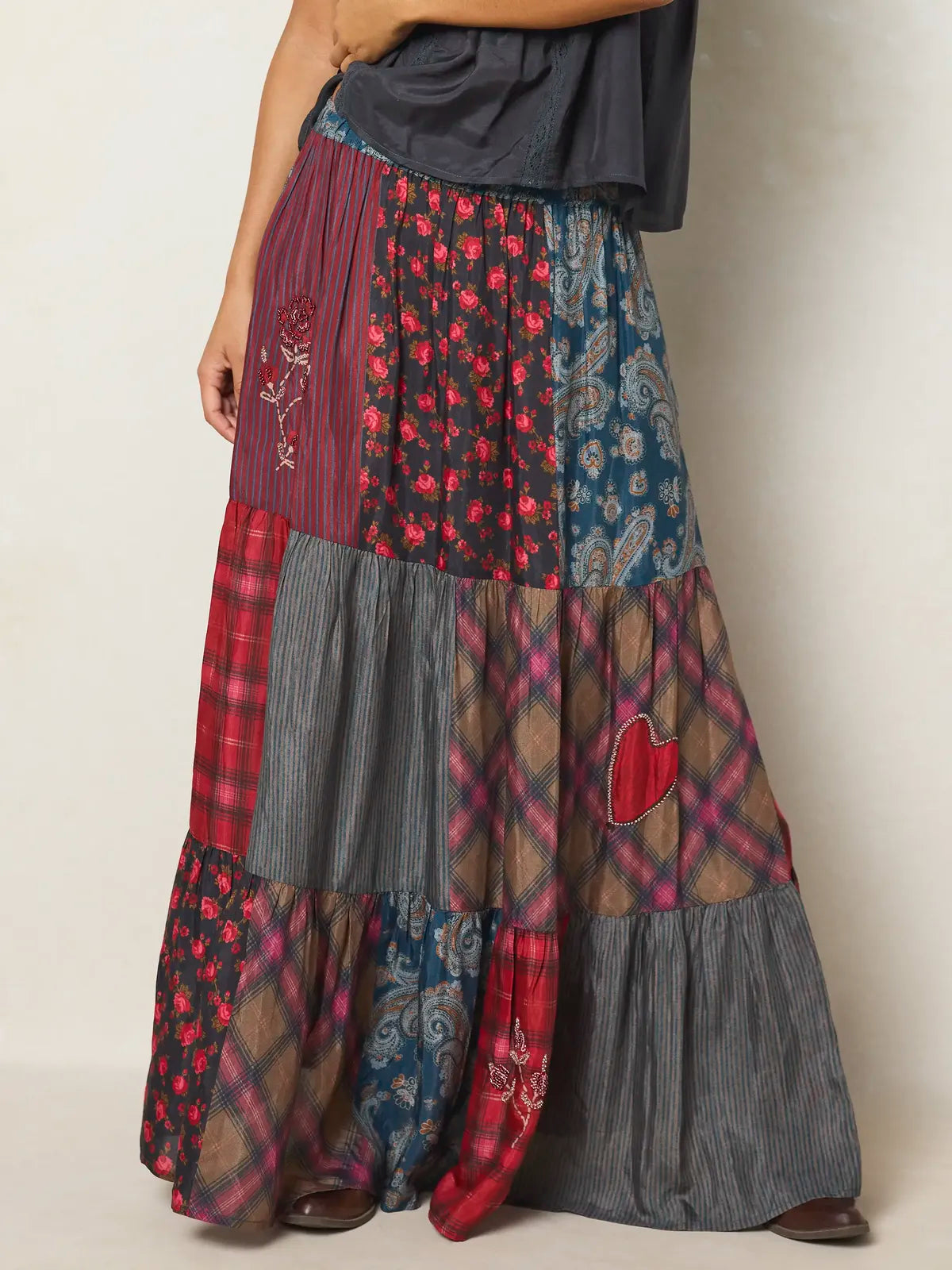 Chey Embellished Maxi Skirt - Aspen Patchwork Burgundy