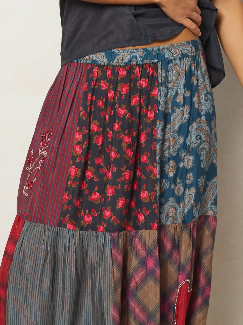 Chey Embellished Maxi Skirt - Aspen Patchwork Burgundy
