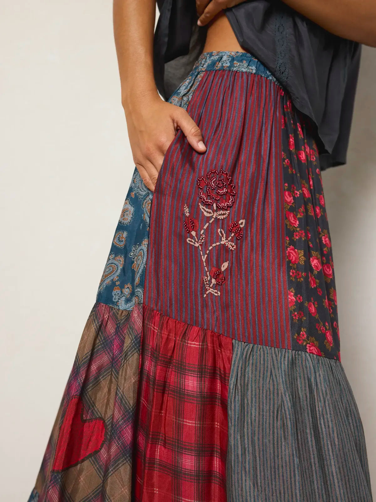Chey Embellished Maxi Skirt - Aspen Patchwork Burgundy
