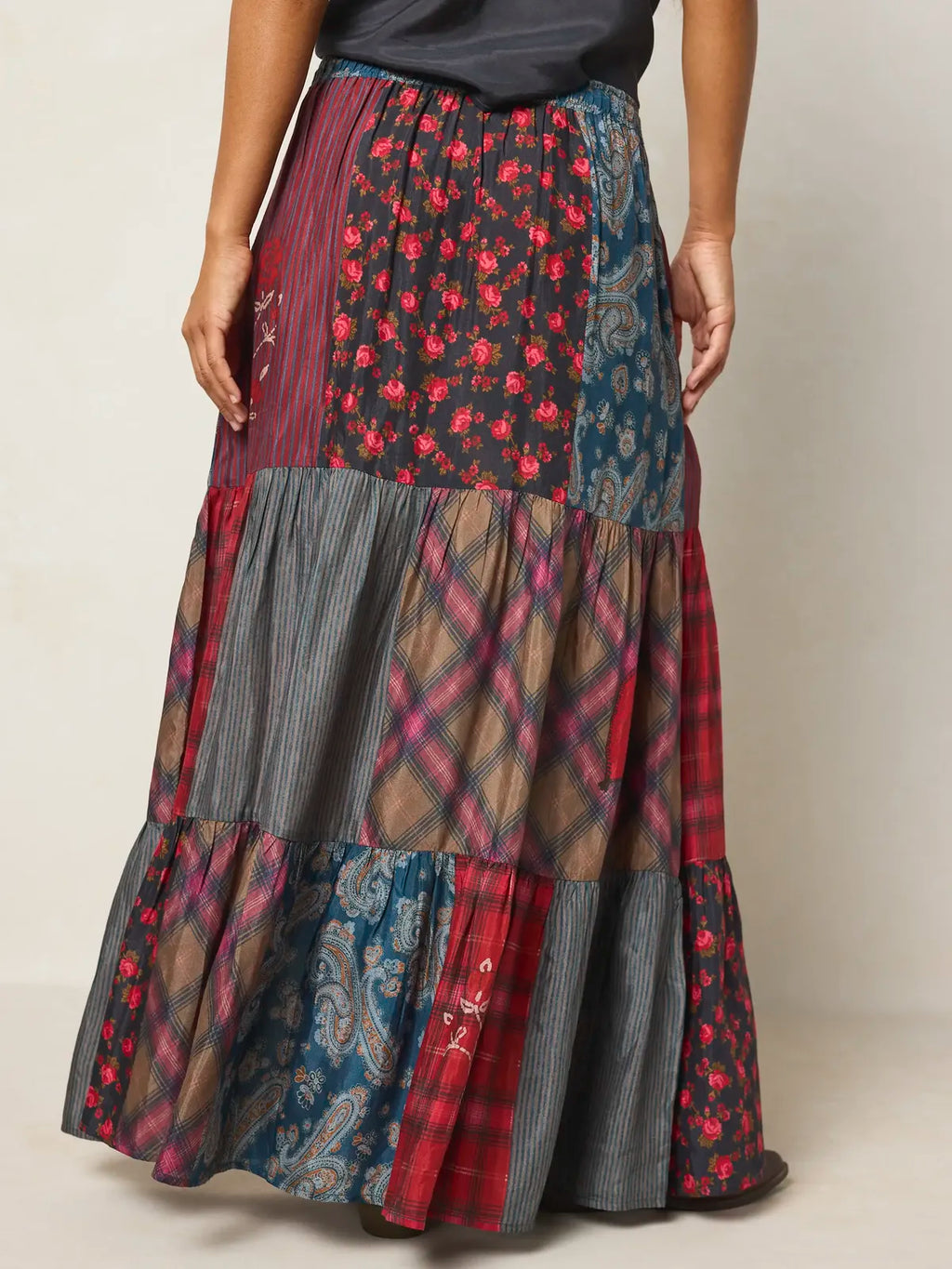 Chey Embellished Maxi Skirt - Aspen Patchwork Burgundy