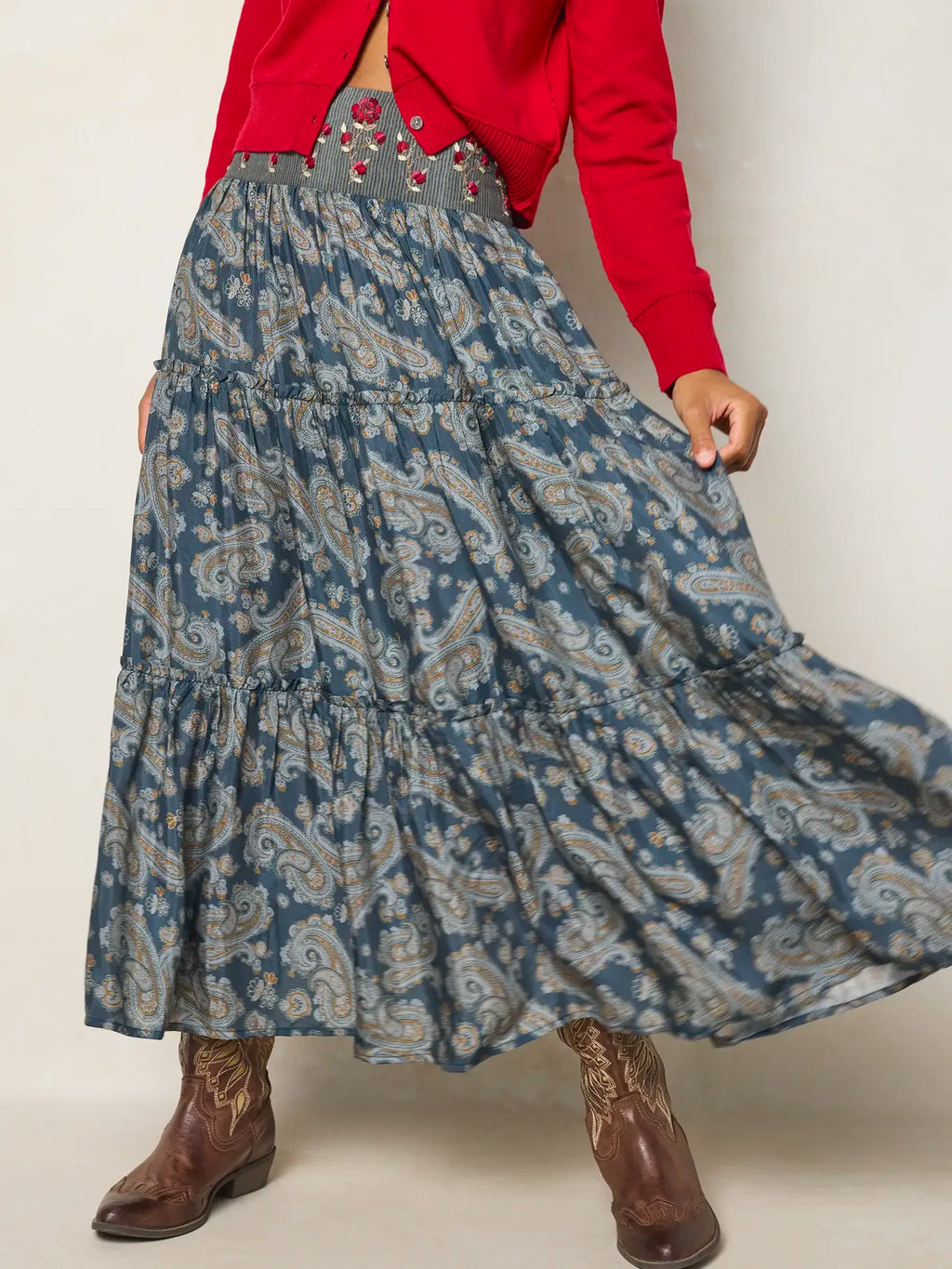 Karlie Embroidered Tiered Maxi Skirt - Vintage Paisley Dusty Blue
