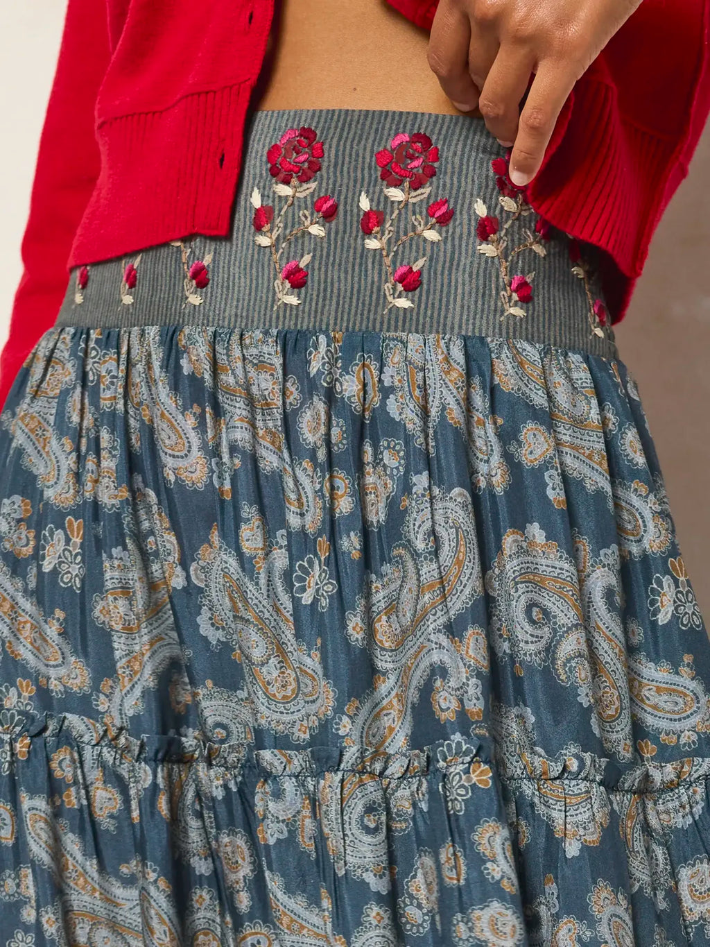 Karlie Embroidered Tiered Maxi Skirt - Vintage Paisley Dusty Blue
