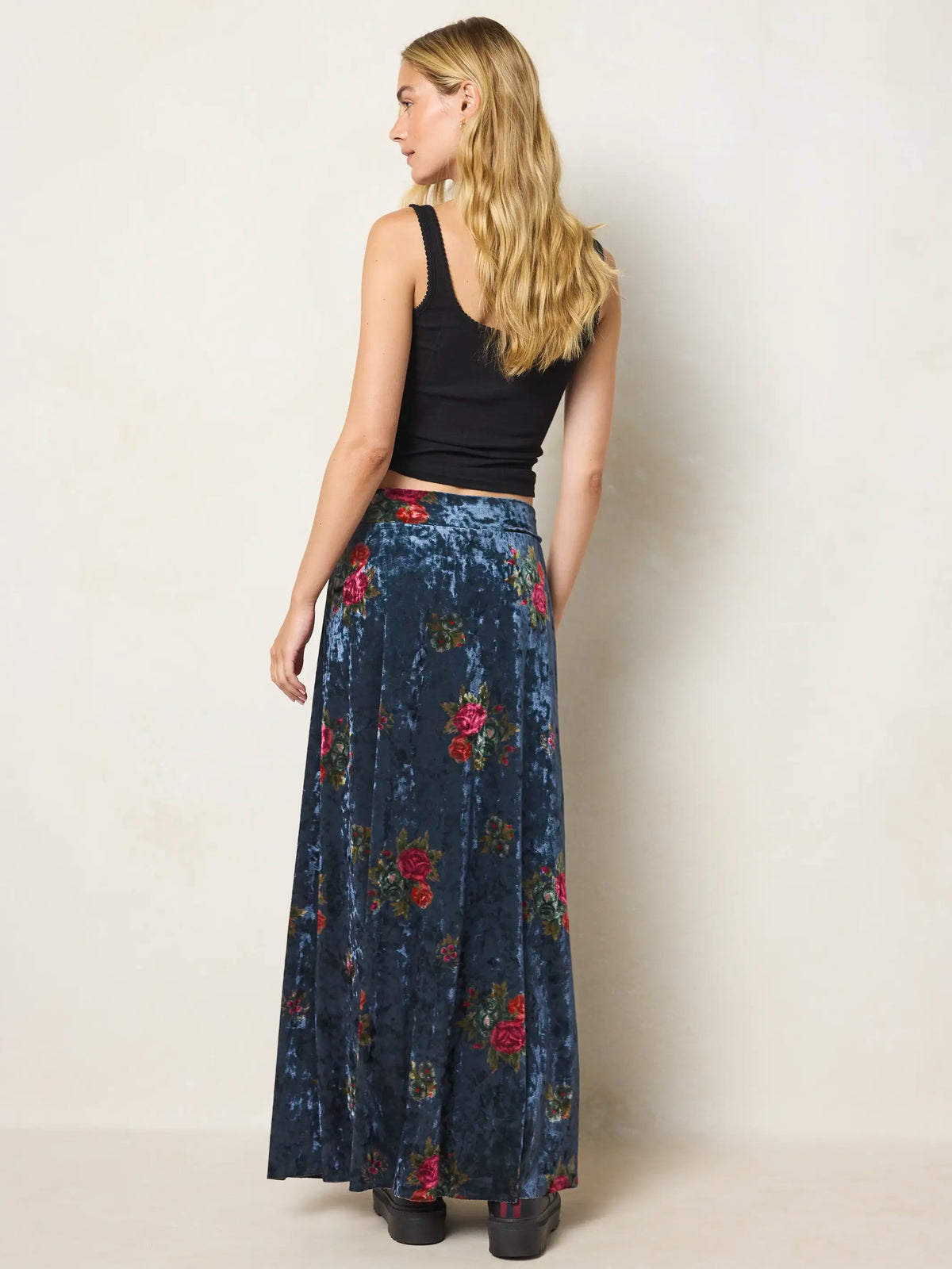 Moment In Time Velvet Maxi Skirt - Mystic Bouquets Blue