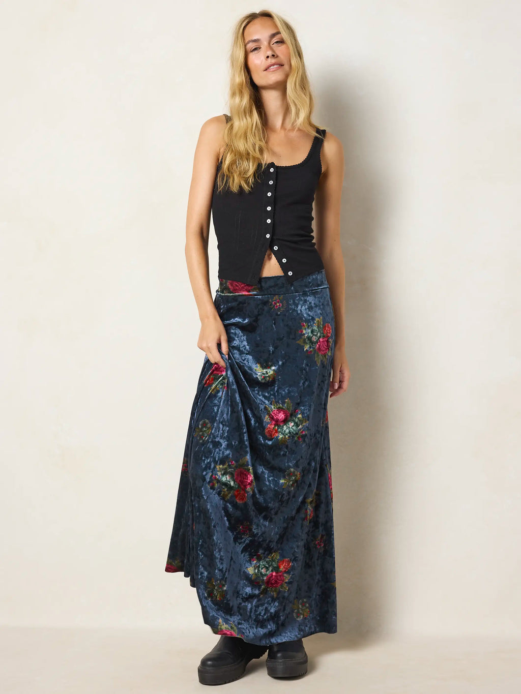 Moment In Time Velvet Maxi Skirt - Mystic Bouquets Blue