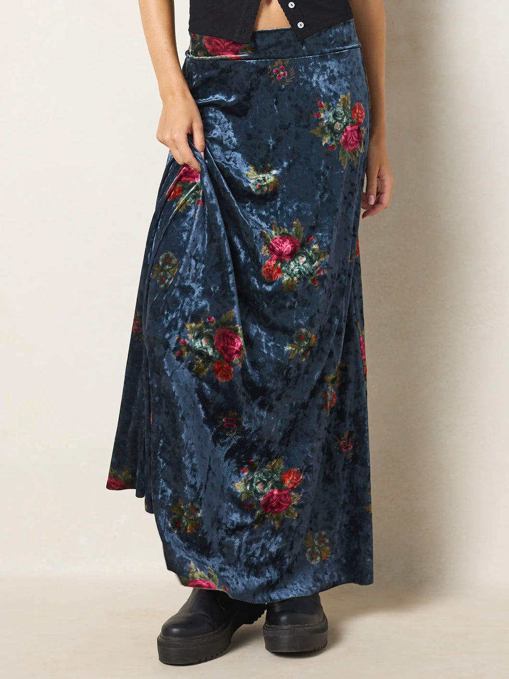 Moment In Time Velvet Maxi Skirt - Mystic Bouquets Blue