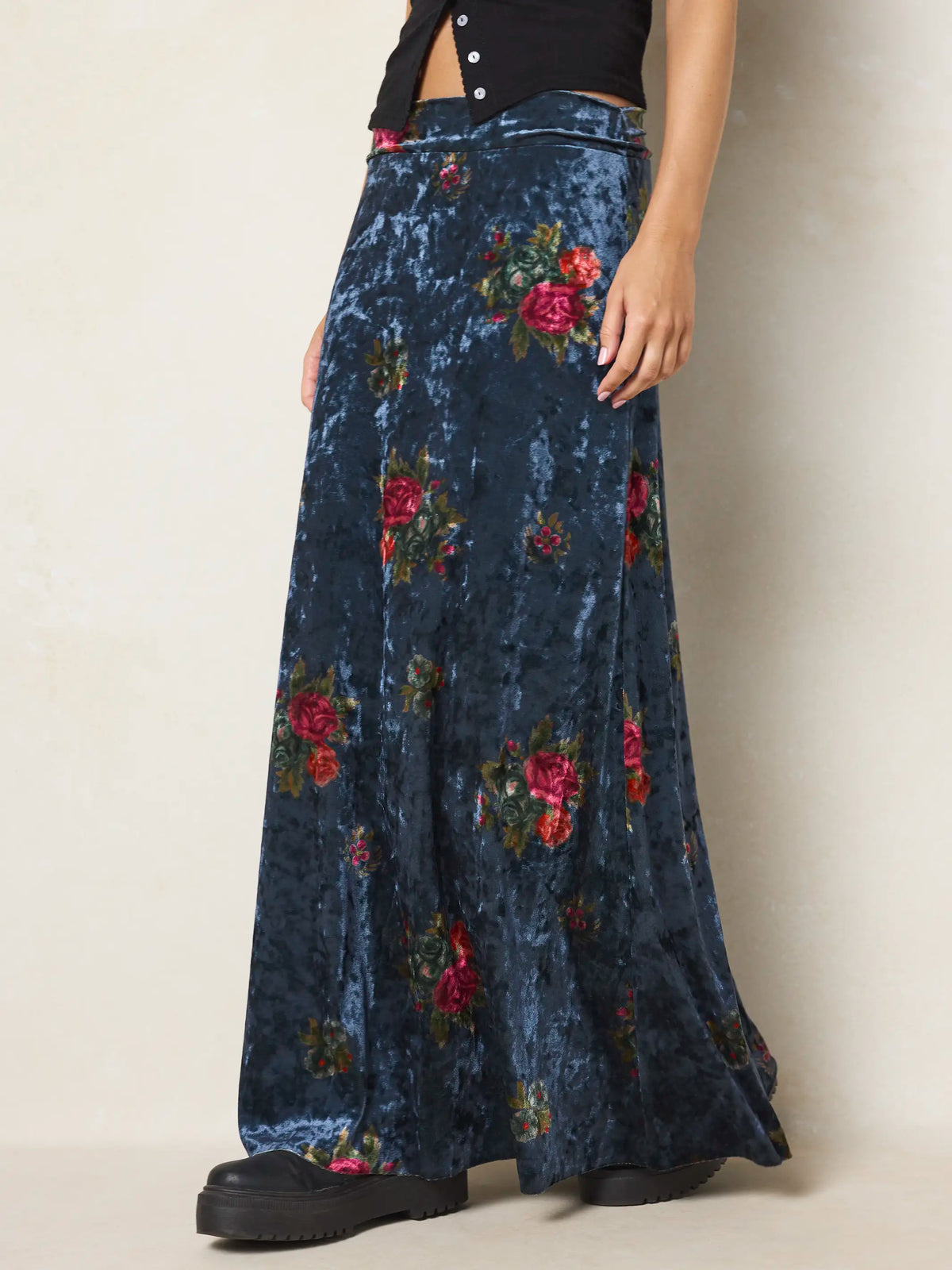 Moment In Time Velvet Maxi Skirt - Mystic Bouquets Blue