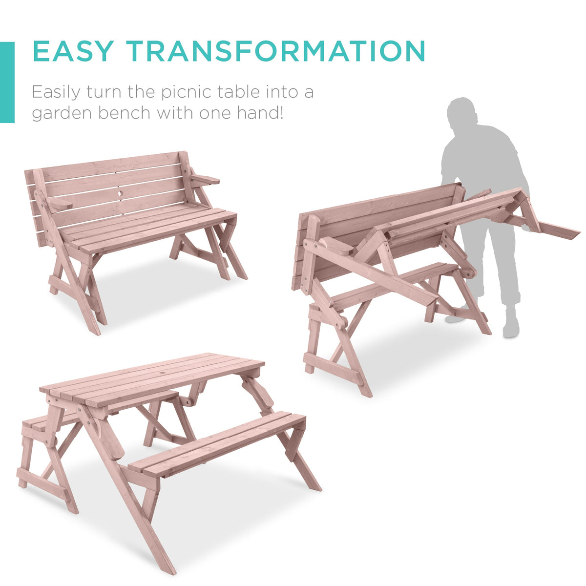 2-in-1 Outdoor Interchangeable Wooden Picnic Table/Garden Bench