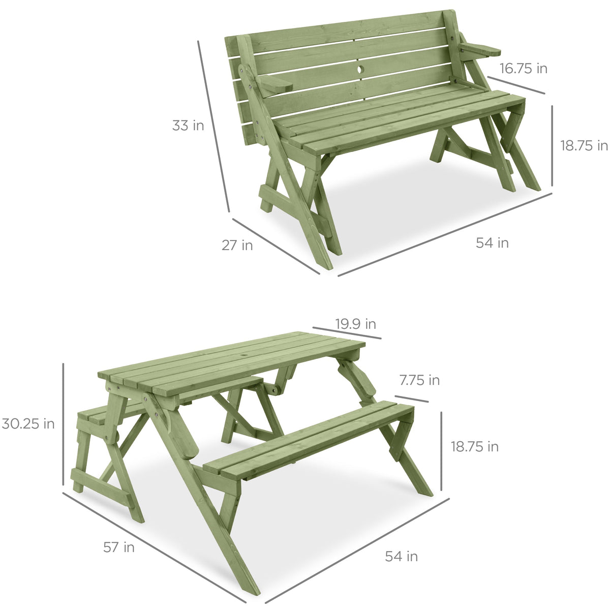 2-in-1 Outdoor Interchangeable Wooden Picnic Table/Garden Bench