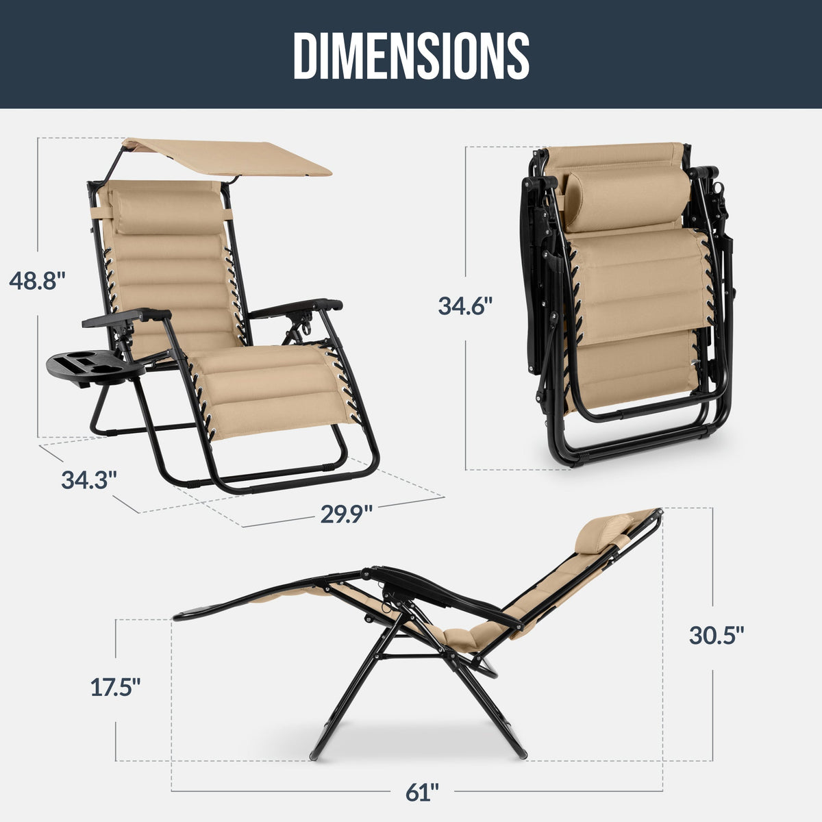 Oversized Padded Zero Gravity Chair w/ Canopy Headrest Cup Holder Side Tray