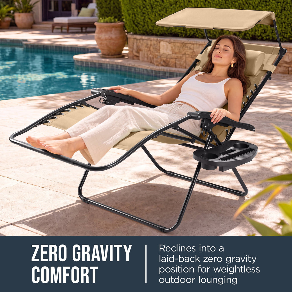 Oversized Padded Zero Gravity Chair w/ Canopy Headrest Cup Holder Side Tray