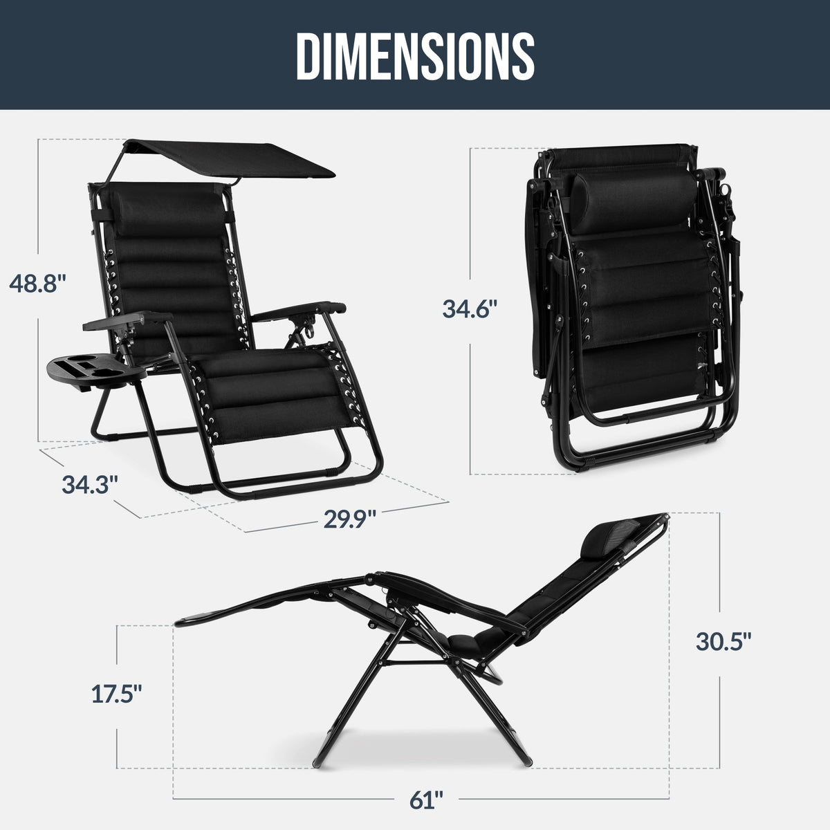 Oversized Padded Zero Gravity Chair w/ Canopy Headrest Cup Holder Side Tray