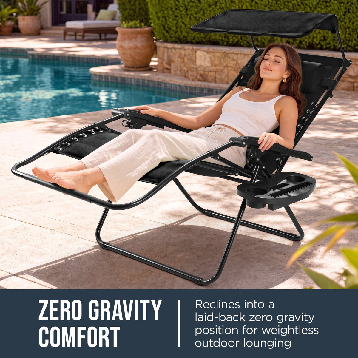 Oversized Padded Zero Gravity Chair w/ Canopy Headrest Cup Holder Side Tray
