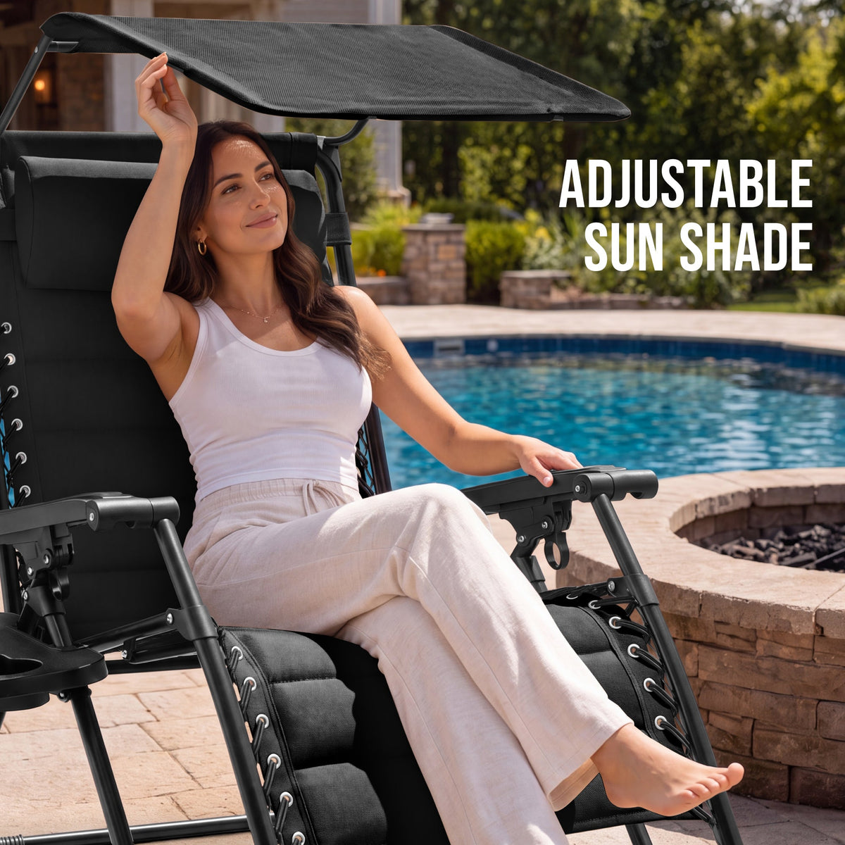Oversized Padded Zero Gravity Chair w/ Canopy Headrest Cup Holder Side Tray