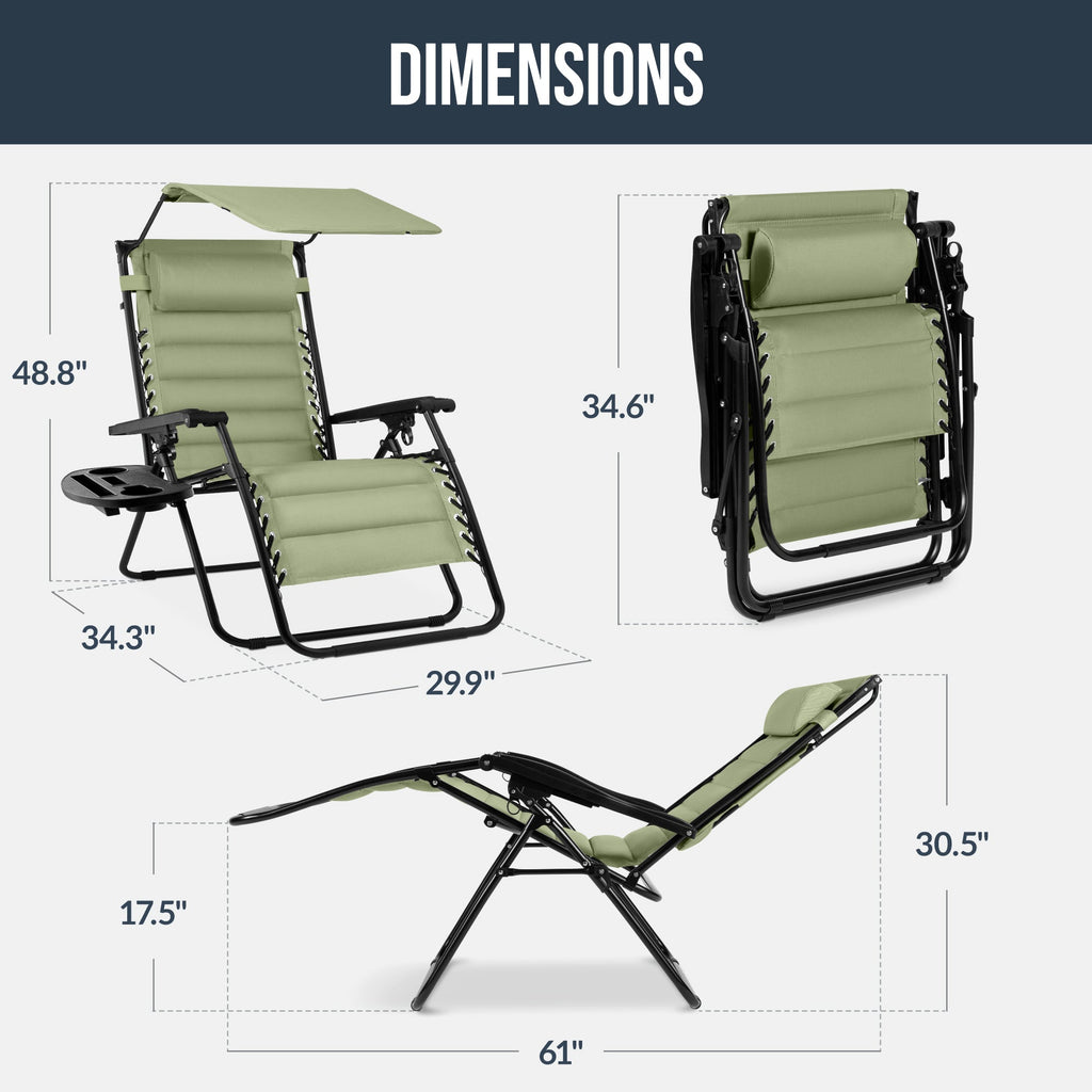Oversized Padded Zero Gravity Chair w/ Canopy Headrest Cup Holder Side Tray
