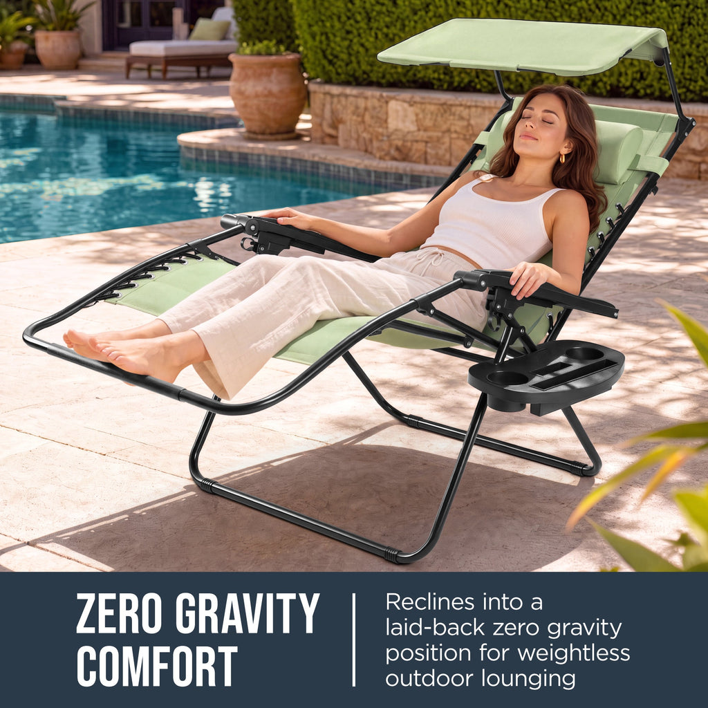 Oversized Padded Zero Gravity Chair w/ Canopy Headrest Cup Holder Side Tray