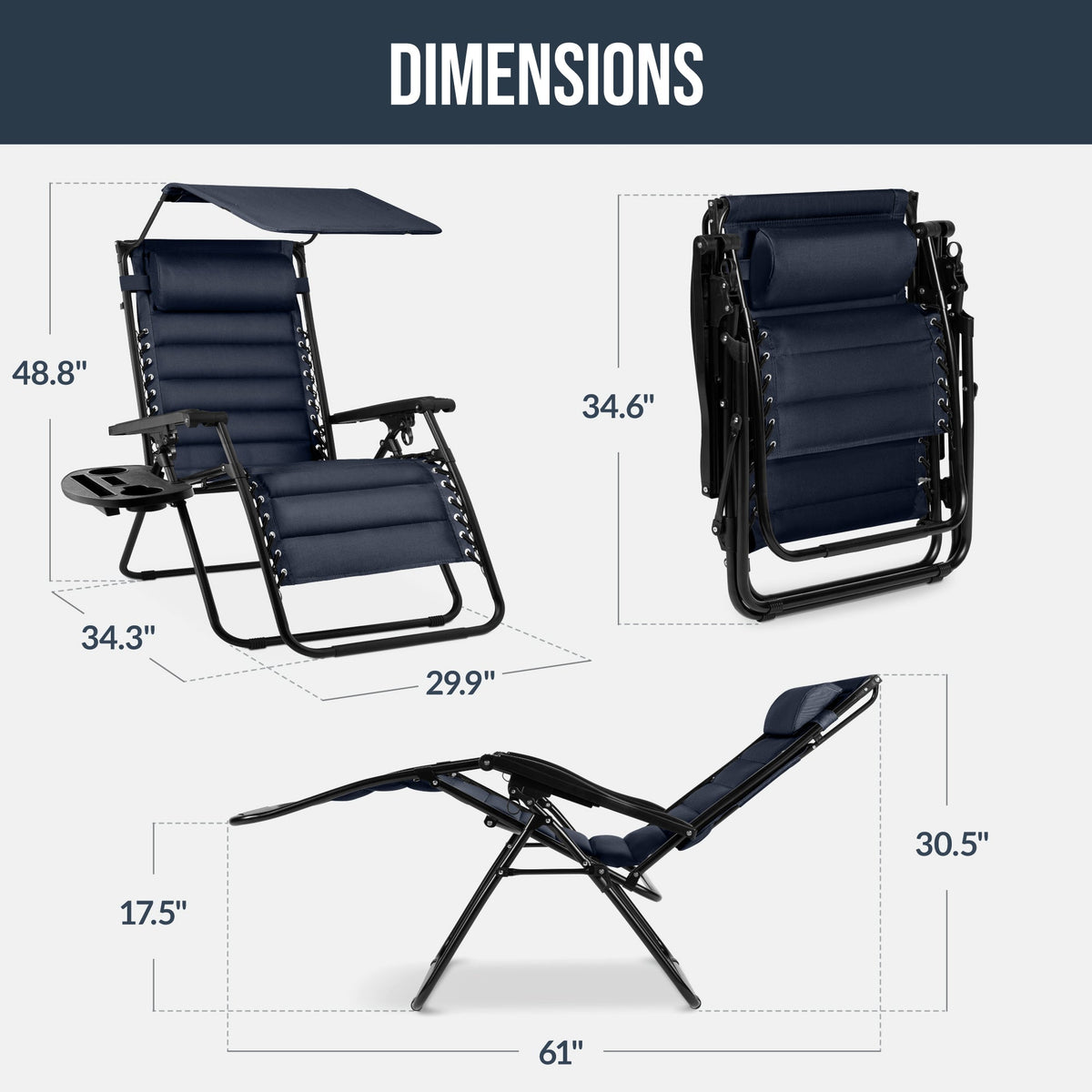 Oversized Padded Zero Gravity Chair w/ Canopy Headrest Cup Holder Side Tray