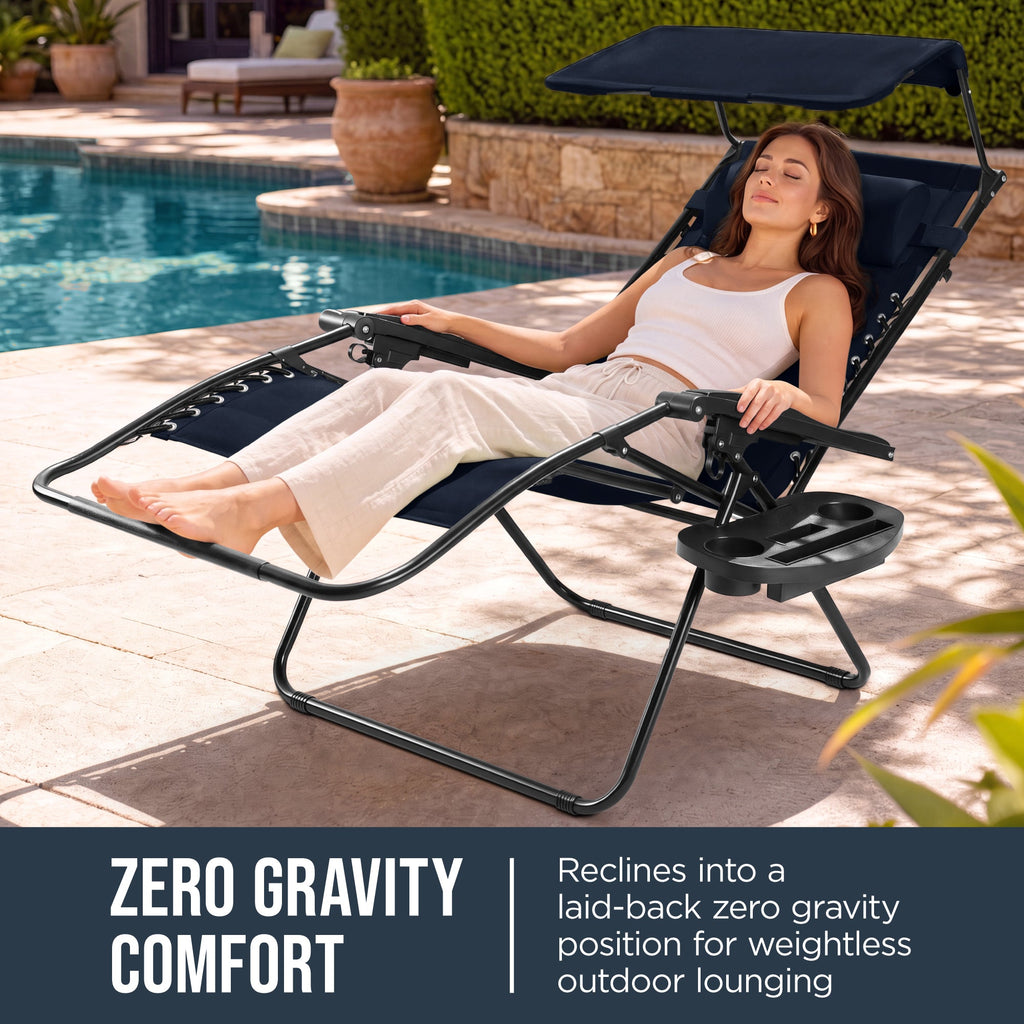 Oversized Padded Zero Gravity Chair w/ Canopy Headrest Cup Holder Side Tray
