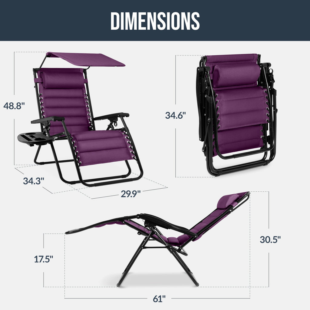 Oversized Padded Zero Gravity Chair w/ Canopy Headrest Cup Holder Side Tray
