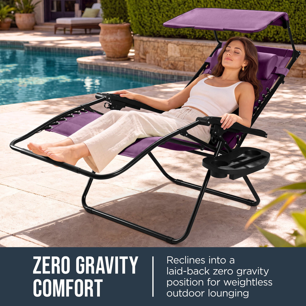 Oversized Padded Zero Gravity Chair w/ Canopy Headrest Cup Holder Side Tray