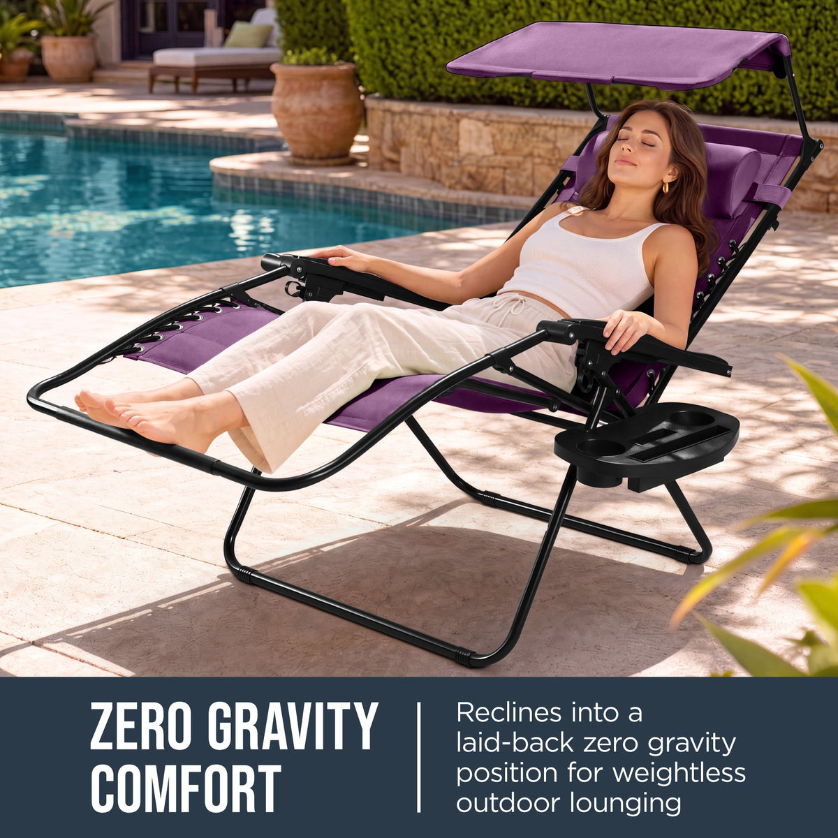 Oversized Padded Zero Gravity Chair w/ Canopy Headrest Cup Holder Side Tray