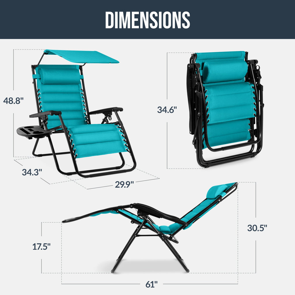 Oversized Padded Zero Gravity Chair w/ Canopy Headrest Cup Holder Side Tray