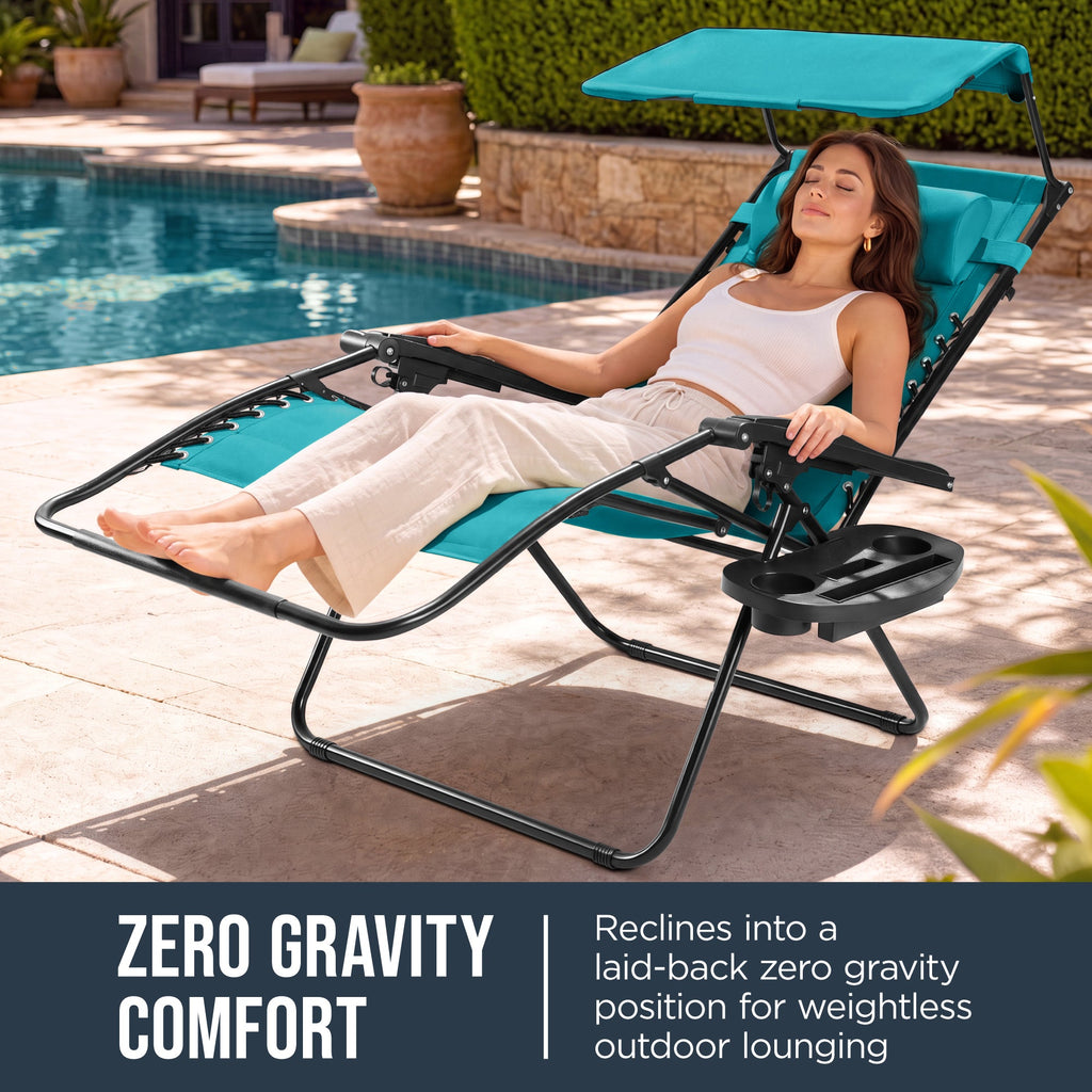 Oversized Padded Zero Gravity Chair w/ Canopy Headrest Cup Holder Side Tray