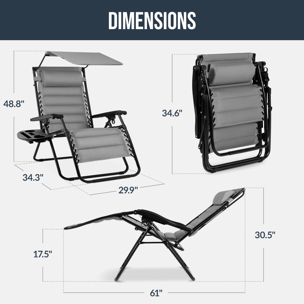 Oversized Padded Zero Gravity Chair w/ Canopy Headrest Cup Holder Side Tray