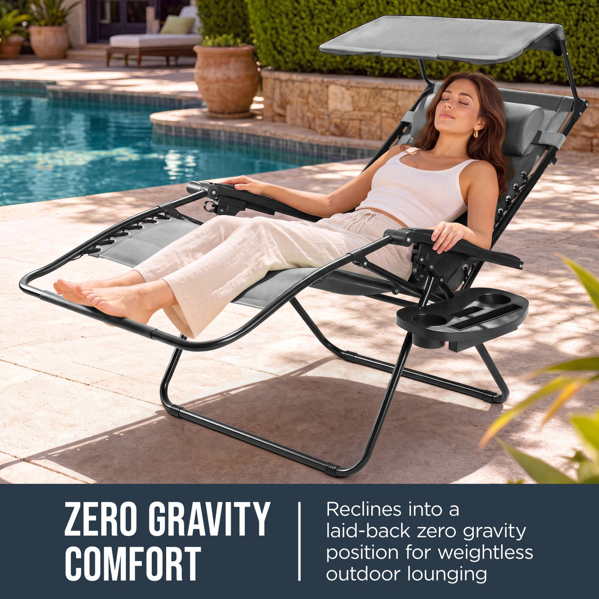 Oversized Padded Zero Gravity Chair w/ Canopy Headrest Cup Holder Side Tray