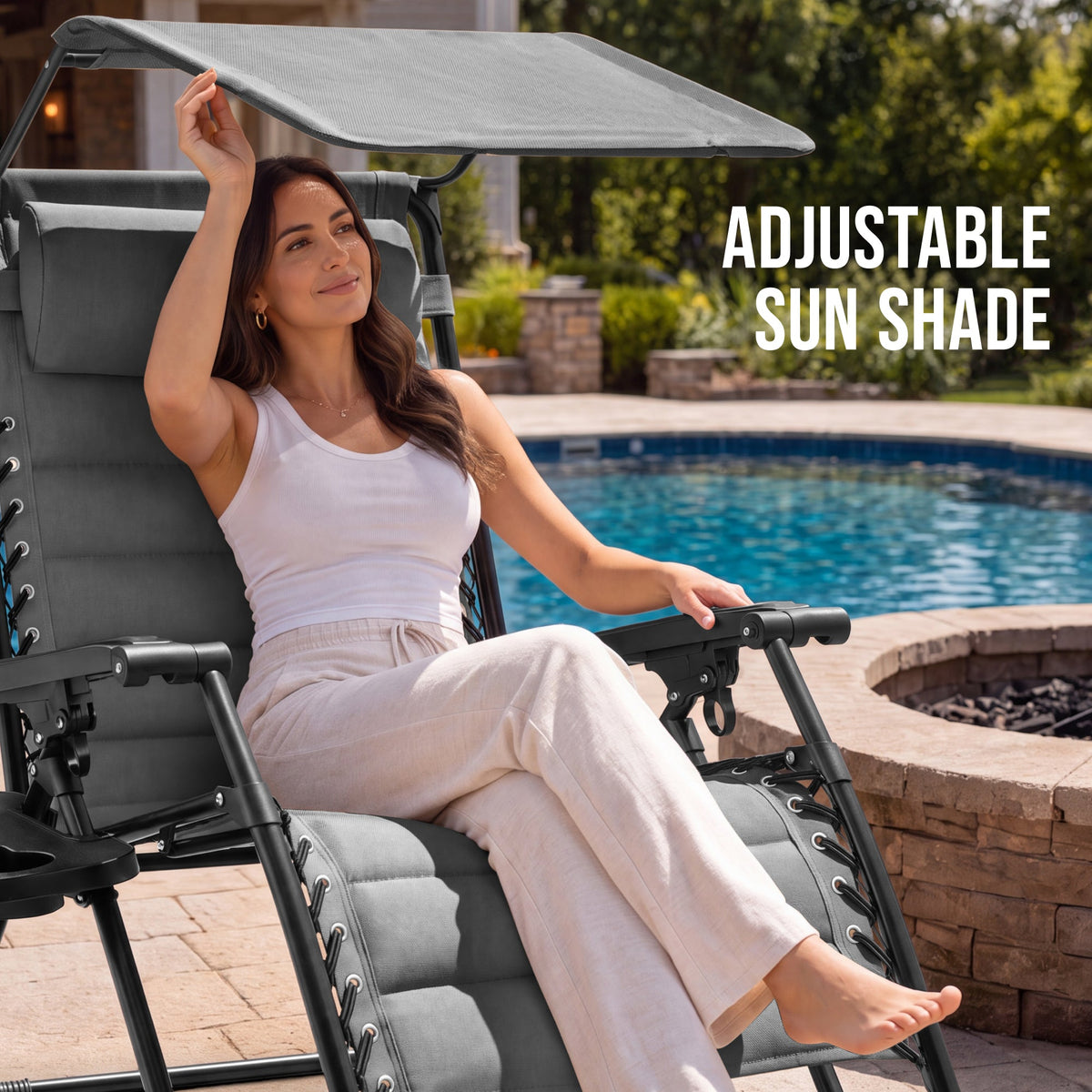 Oversized Padded Zero Gravity Chair w/ Canopy Headrest Cup Holder Side Tray