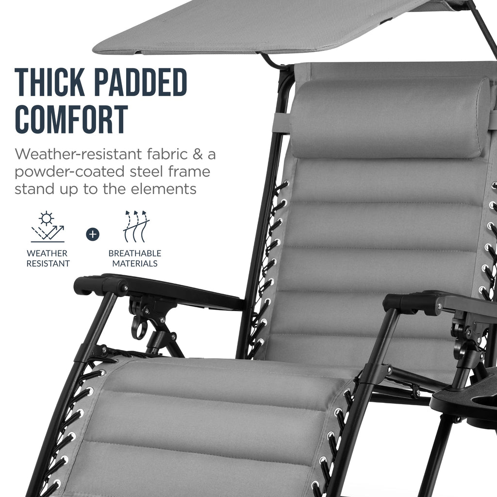 Oversized Padded Zero Gravity Chair w/ Canopy Headrest Cup Holder Side Tray