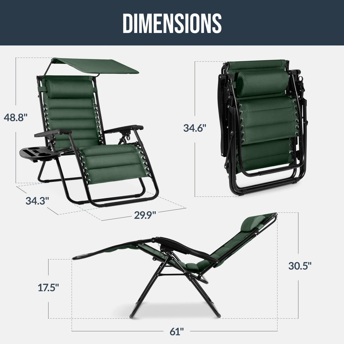 Oversized Padded Zero Gravity Chair w/ Canopy Headrest Cup Holder Side Tray