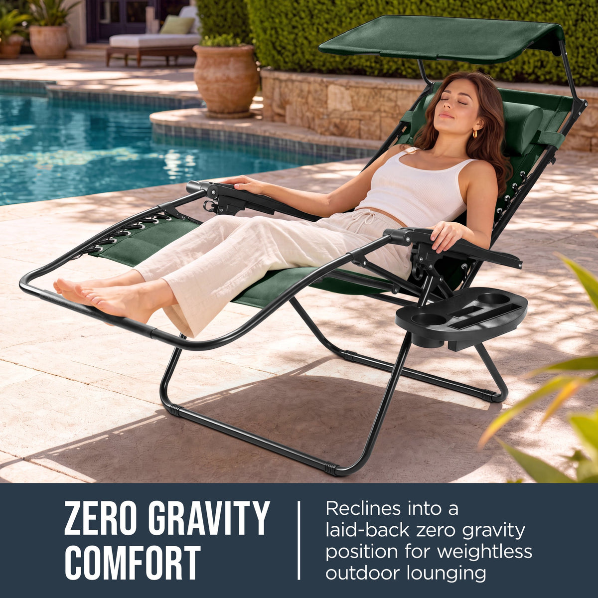 Oversized Padded Zero Gravity Chair w/ Canopy Headrest Cup Holder Side Tray